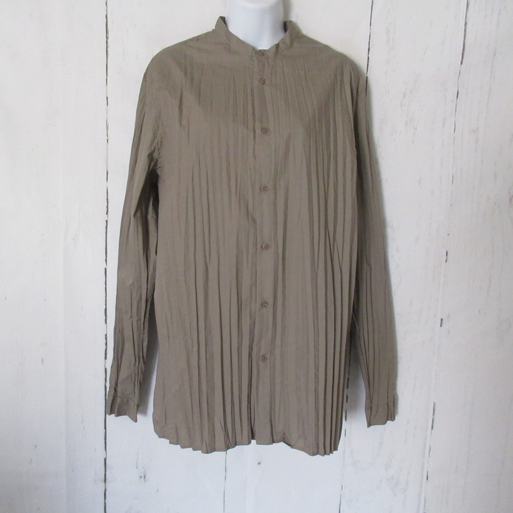 New‎ COS Shirt 15-1/4 Mens Tan Crinkle Stand Collar Modern Minimalist Button Up